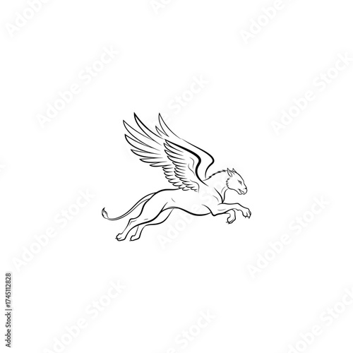 A black line drawing of a winged creature in flight, composed of a feline body