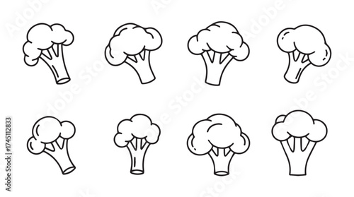 Collection of hand drawn broccoli florets in various positions for healthy food graphics vector