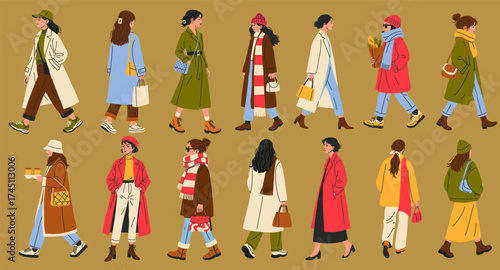 Stylish women walking in various outfits during a cool season in a vibrant urban setting