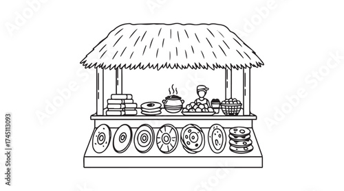 Hand drawn sketch of a tropical food stand featuring delicious baked goods and refreshments vector