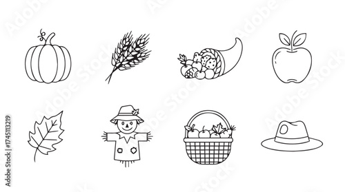 Hand drawn autumn harvest elements including pumpkin wheat scarecrow apple cornucopia and hat vector