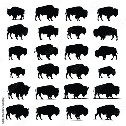 Set of bison animal silhouettes in black and white
