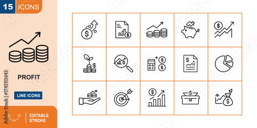 Set of 15 line icons representing profit and financial growth concepts finance money