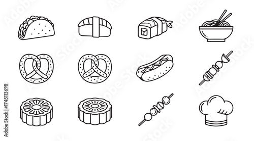 Hand drawn food icons collection celebrating diverse culinary delights and street food favorites vector