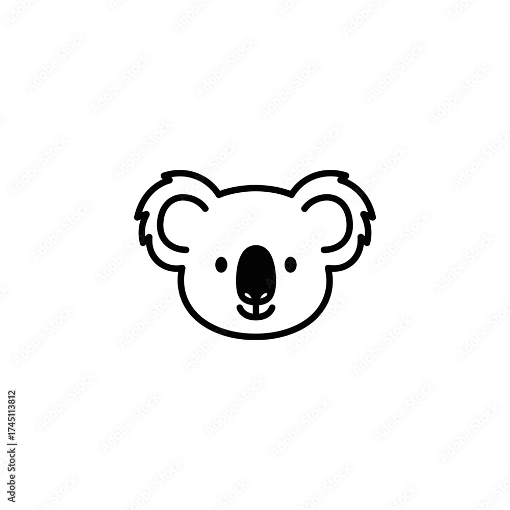 Naklejka premium Black and white cartoon koala head with simplistic lines