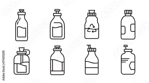 Collection of diverse bottles featuring various caps and liquid contents line art icons vector