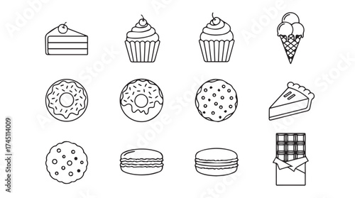 Collection of hand drawn dessert icons with sweet treats and pastries in sketchy style vector