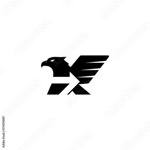 A stylized black griffin logo on white background, composed of an eagle's head and arrow