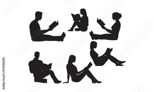 Reading Silhouette Vector Set | People Reading Books Clipart Collection