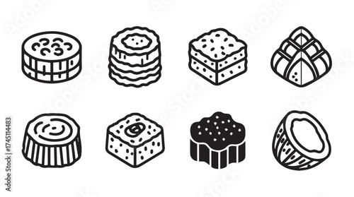Assortment of hand drawn isometric food icons representing various dishes and ingredients vector