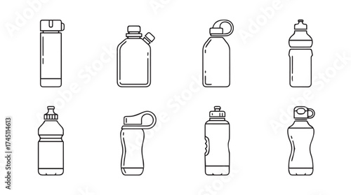 Collection of diverse sports water bottles line drawings for health and fitness vector