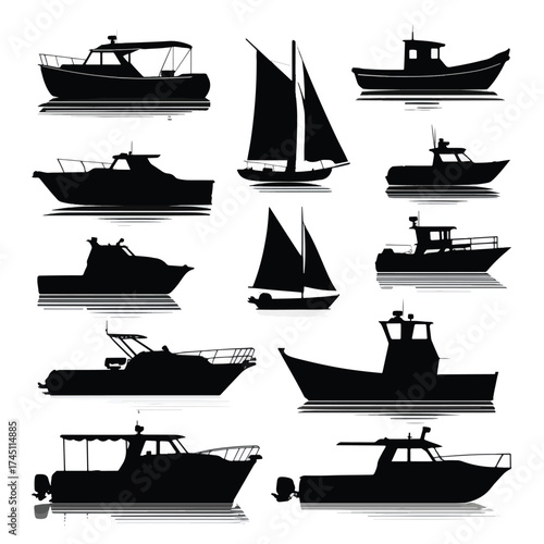 Collection of nautical boat silhouettes in black and white