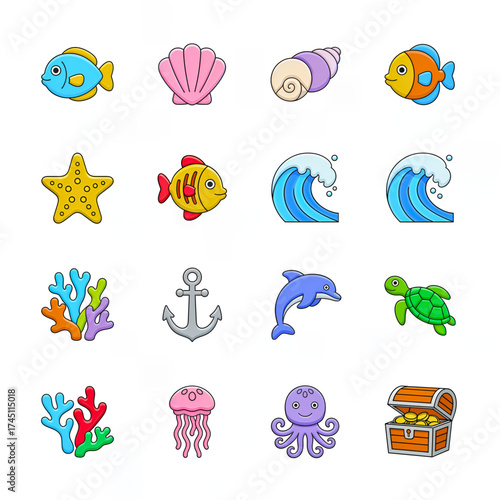 Colorful marine life icons with fish, starfish, dolphin, turtle, coral, and shell in fun cartoon vector style