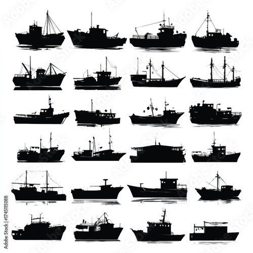 Collection of nautical boat silhouettes in black and white