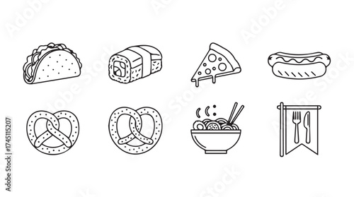 Hand drawn food icons set diverse fast food and snacks for graphic design vector