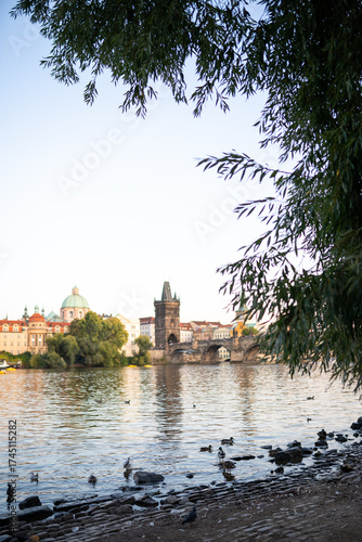 view of the city of Prague in Czech Republic on river Vltava, Charles Bridge 