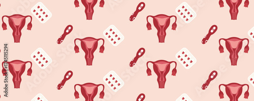 Seamless pattern featuring a uterus, pregnancy test, and hormonal birth control pills. Conception, family planning, and gynecology concept