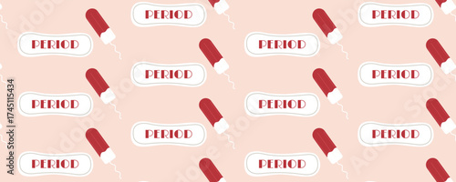 Seamless pattern of sanitary pads and tampons. Women’s period, menstruation, and gynecology theme for banners and marketing materials