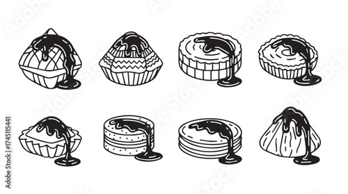 Hand drawn collection of eight delicious desserts with chocolate drizzle sketch style vector