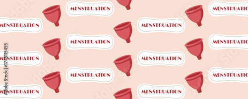 Seamless pattern of sanitary pads and menstrual cups. Women’s period, menstruation, and gynecology concept for marketing materials and banners