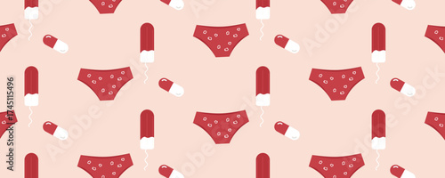 Seamless pattern of panties, tampons, and painkillers. Women’s period, menstruation, and gynecology theme for banners and marketing materials