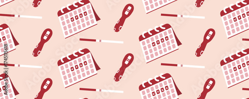 Seamless pattern with a pregnancy test and planning calendar. Pregnancy planning and conception concept. Female reproductive system and gynecology theme