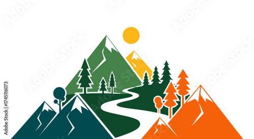 A stylized illustration depicting a mountain range with trees, a winding river, and a bright sun.