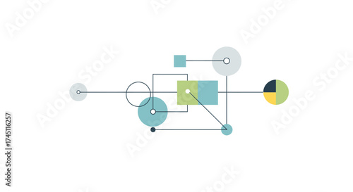 Abstract infographic design showing a network of connected geometric shapes and data points.