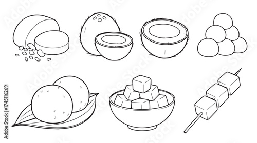 Hand drawn coconut variety set tropical fruit healthy food illustrations for food designs vector