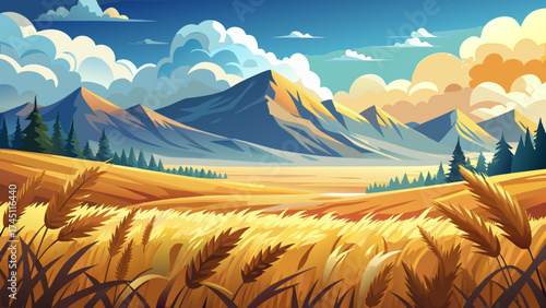 Beautiful wheat meadow under white clouds and mountain shadows, peaceful vector scenery blending nature’s softness, golden tones, and endless sense of calm horizon.
