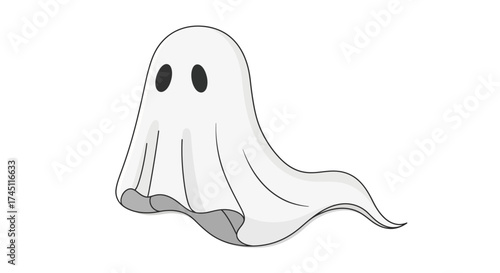 A simple and cute cartoon illustration of a floating white ghost with black eyes.