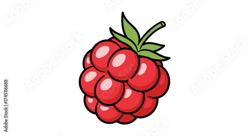 A vibrant, cartoon illustration of a ripe, juicy raspberry with green leaves, isolated on white.