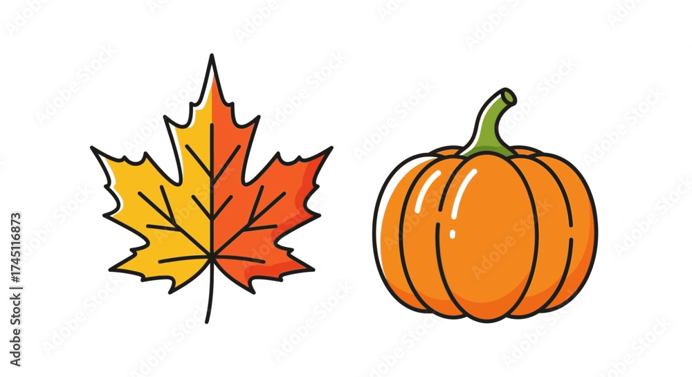 Naklejka premium A vibrant illustration featuring a colorful maple leaf and a plump orange pumpkin, both isolated on white.