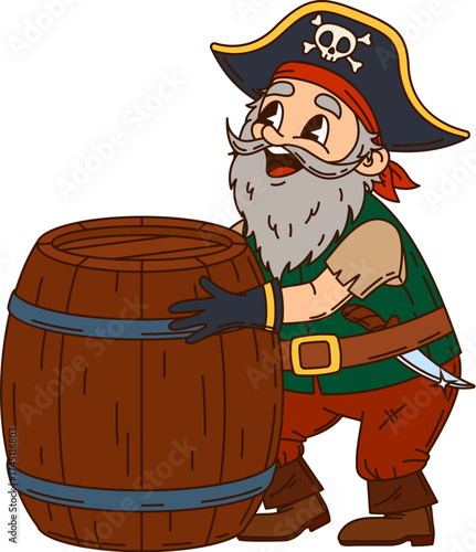 European cartoon pirate and corsair character with rum barrel. Isolated vector groovy funny captain y2k personage exhibits joyful expression hugging a large wooden cask, filled with alcohol drink