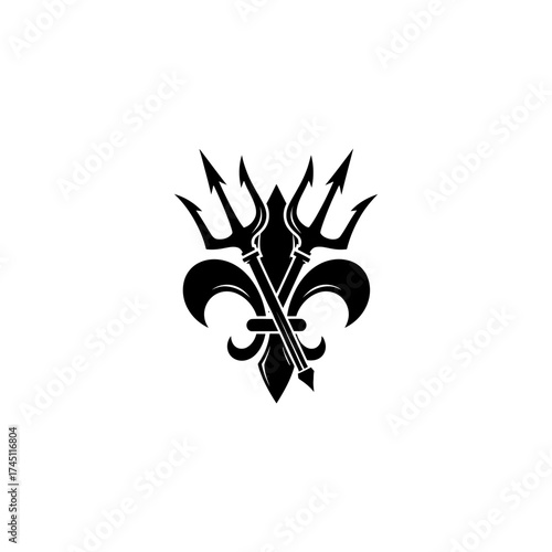 A black silhouette features a stylized fleur-de-lis, crossed trident, and other graphic elements