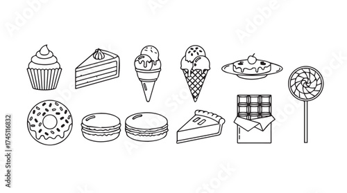 Whimsical hand-drawn collection of desserts and sweets food icons set vector