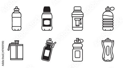 Collection of various water bottles and sports drinks containers for fitness and hydration needs vector