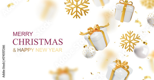 Merry Christmas and Happy New Year. Background with realistic festive gold snowflakes. Xmas present. White gift boxes fall blur effect. Christmas baubles balls, glitter gold confetti greeting card