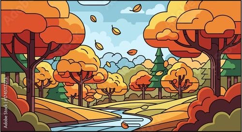 Autumn landscape illustration with colorful trees, falling leaves, and a stream flowing through the forest.