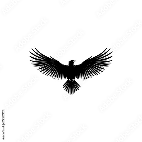 A stylized black silhouette of a bird of prey with wings outstretched on a white background