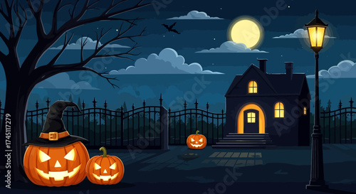 Halloween night scene with pumpkins, a spooky house, a full moon, and a street lamp illuminating the eerie landscape.