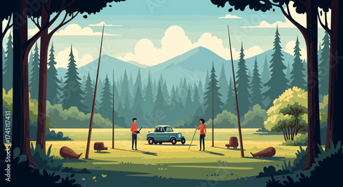 Two figures stand near a vintage car, poles, and felled logs in a vibrant forest clearing with mountains.