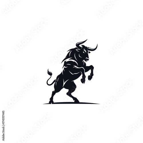 A stylized, dynamic silhouette of a bull rearing up on its hind legs, powerful