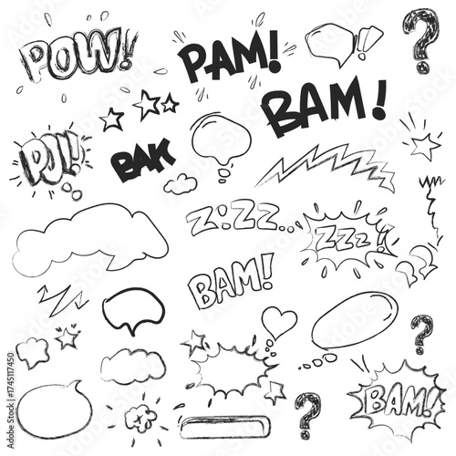 Hand drawn comic book sound effects and speech bubbles in black and white sketch style