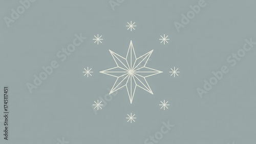 A minimalist geometric design featuring a large eight-pointed star surrounded by eight smaller stars on a soft blue-grey background.
