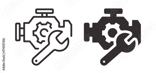 Engine and wrench outline and filled icons. Symbol of car diagnostics and repair service. Editable stroke for line versions. Isolated vector illustrations.