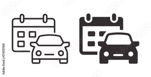 Car and calendar outline and filled icons. Symbols of booking and rental scheduling. Editable stroke for line versions. Isolated vector illustrations.