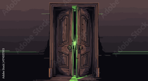 A pair of wooden doors slightly ajar, revealing a bright green light emanating from within.