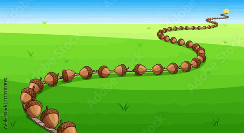 A winding path of acorns leads towards a bright yellow sun in a grassy field.