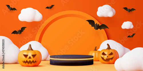 3d Halloween podium with pumpkins. Realistic festive background with jack lanterns, bats, clouds and empty circular pedestal. Black orange scene for spooky product display, seasonal holiday promotions